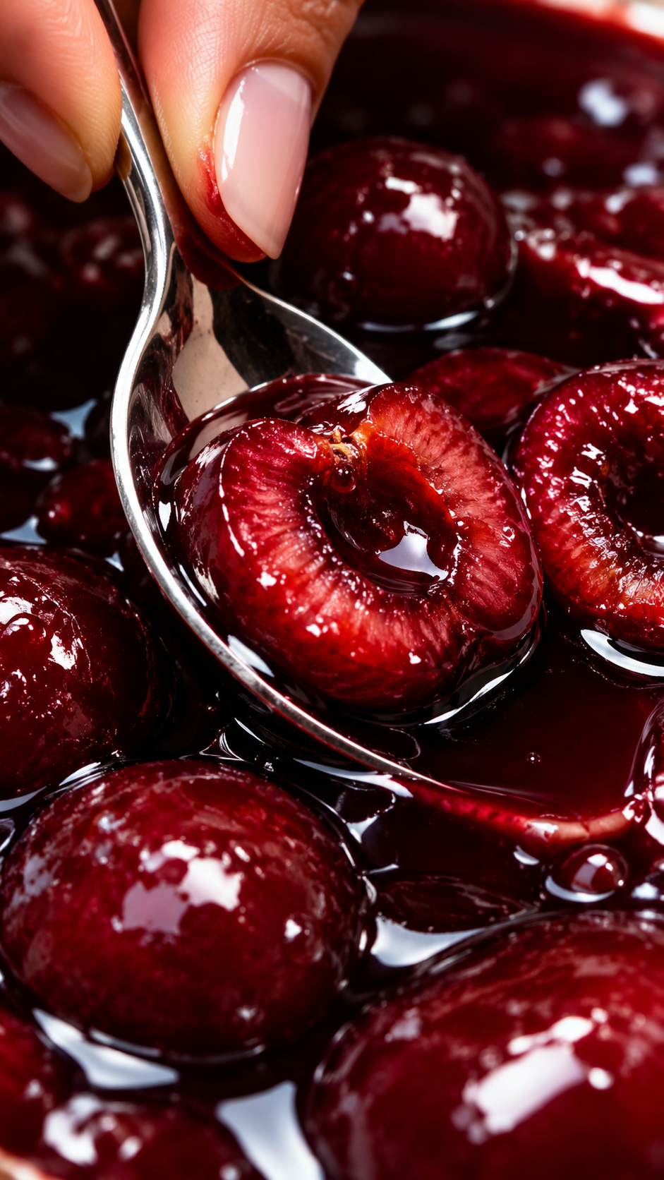 Dark red cherries in glossy syrup
